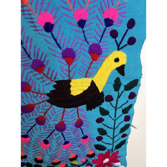 Mexican Hand Embroidered Tapestry Colorful Peacock Flowers Table Runner 64x17 - Picture 5 of 7